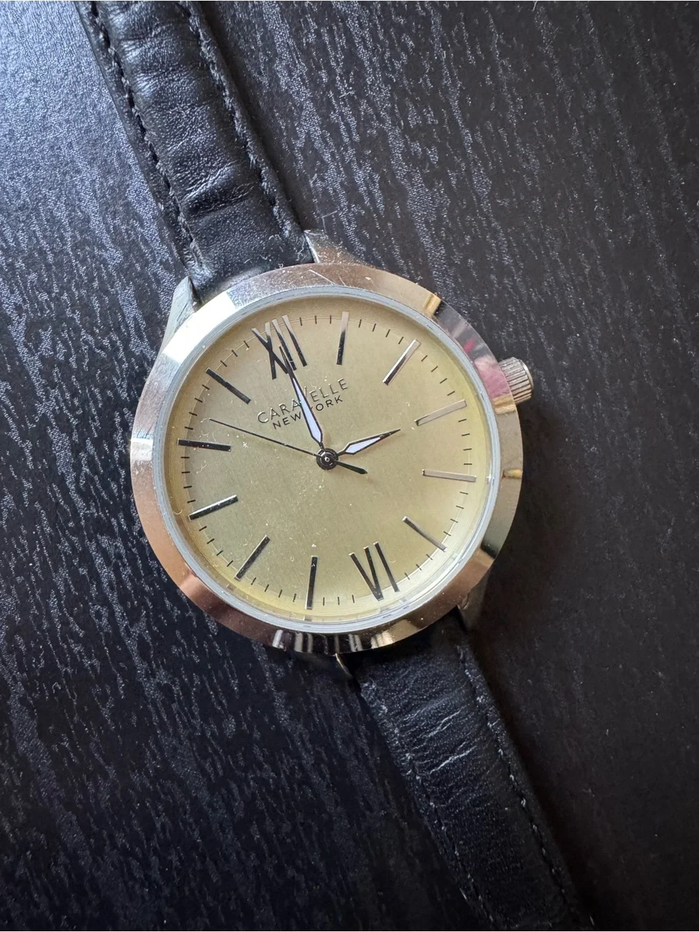 CARAVELLE New York Women's Gold Dial Black Leather Strap Watch